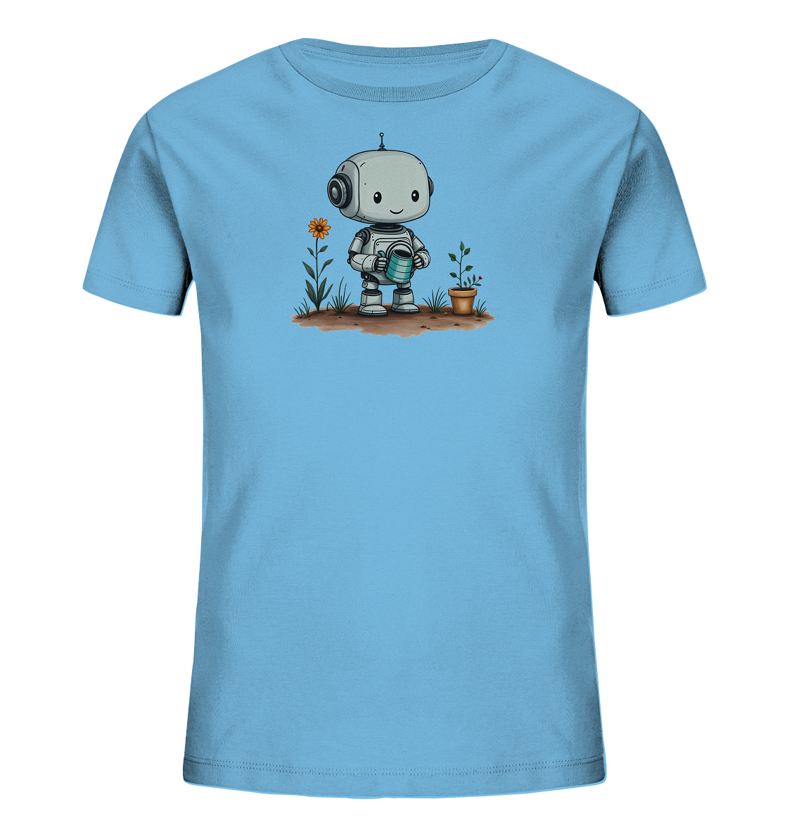 Onlineshop Shirts für Kinder - Das Bild zeigt ein hellblaues Kinder-T-Shirt mit einem aufgedruckten Motiv auf der Vorderseite. Das Motiv stellt einen freundlichen, cartoonhaften Roboter dar, der eine Gießkanne hält. Der Roboter steht in einer kleinen Gartenszene mit einer Blume und einer Pflanze in einem Topf. Dieses Design verleiht dem T-Shirt einen verspielten und umweltfreundlichen Charakter, ideal für Kinder, die sich für Roboter oder Natur interessieren.
