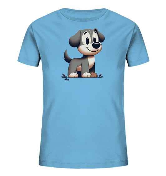 Onlineshop Shirts fuer Kinder - Das Bild zeigt ein hellblaues Kinder-T-Shirt mit einem freundlichen Cartoon-Hund auf der Vorderseite. Der Hund sitzt aufrecht und hat ein breites Laecheln, mit grossen Augen und Ohren. Die Illustration ist detailreich gestaltet und verleiht dem Shirt einen verspielten Look. Ein niedliches Motiv fuer kleine Tierfreunde.