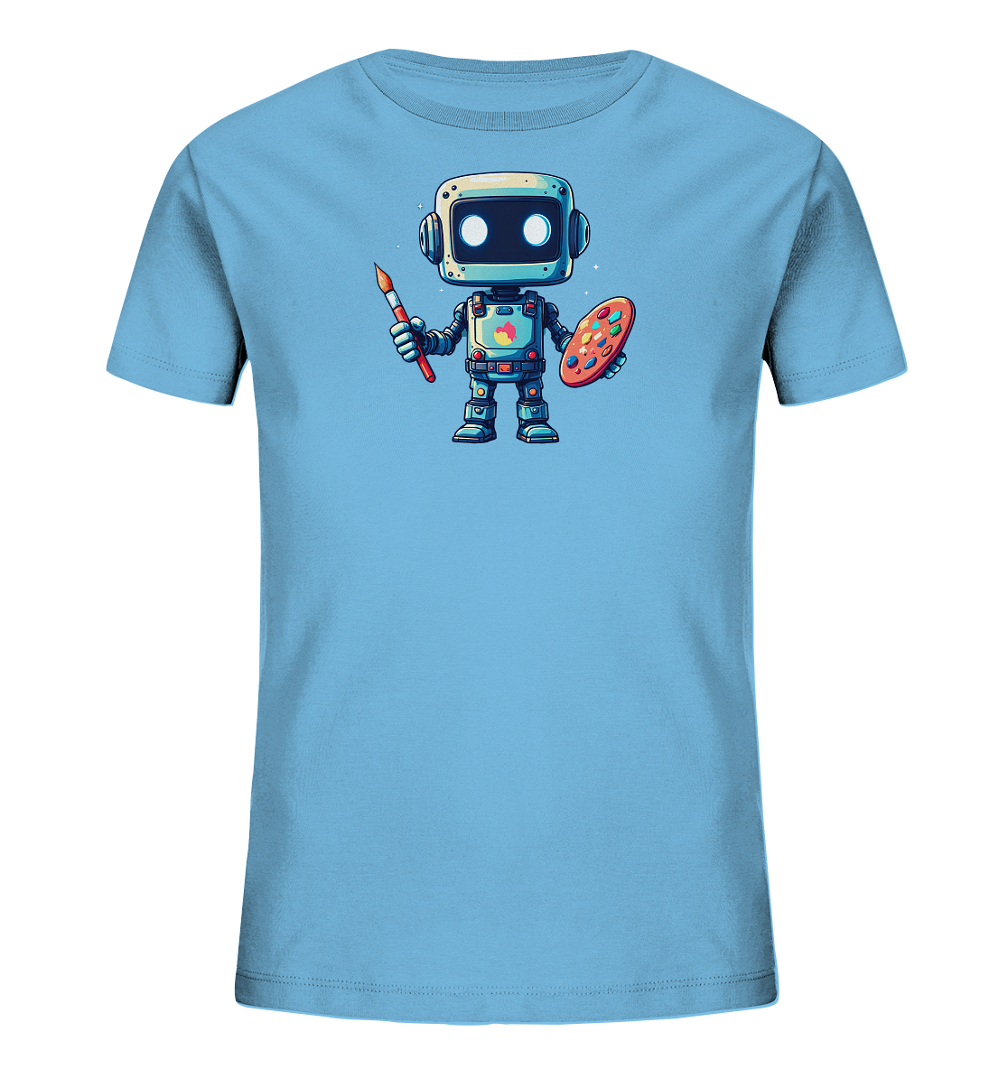Onlineshop Shirts für Kinder - Dieses hellblaue Kinder-T-Shirt zeigt einen niedlichen, künstlerischen Roboter auf der Vorderseite. Der Cartoon-Roboter ist mit Kopfhörern ausgestattet und hält in einer Hand einen Pinsel sowie in der anderen eine Malerpalette voller bunter Farben. Seine großen Augen und detaillierte Gestaltung verleihen ihm einen freundlichen Ausdruck, passend zum Thema Kunst und Kreativität. Das Design ist farbenfroh und ansprechend gestaltet, ideal für kleine Kunstliebhaber.