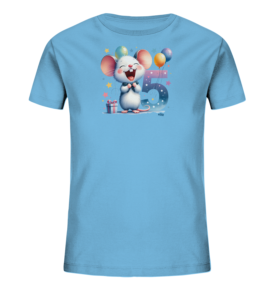 Onlineshop Shirts fuer Kinder - Das Bild zeigt ein hellblaues Kinder-T-Shirt mit einem niedlichen Aufdruck. Eine froehliche Maus steht neben einer grossen '5', umgeben von bunten Ballons und Sternen. Ein kleines Geschenk rundet das festliche Motiv ab.