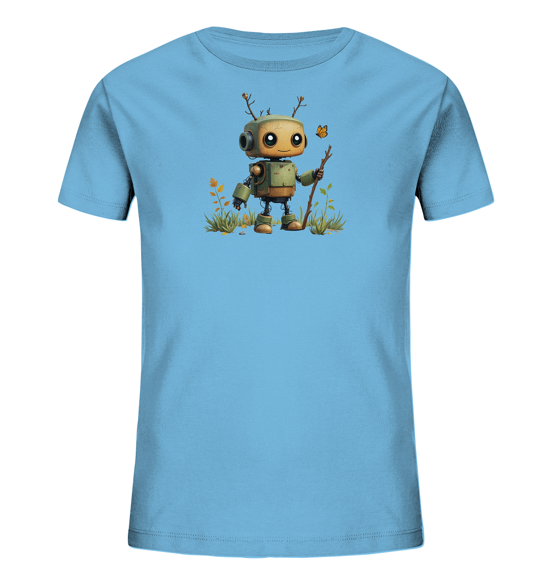 Onlineshop Shirts für Kinder - Das Bild zeigt ein hellblaues T-Shirt, auf dem eine Illustration eines niedlichen Roboters zu sehen ist. Der Roboter hat große Augen, Äste als Antennen auf dem Kopf und hält einen Stock. Er steht in einer Wiese mit Gräsern und kleinen orangefarbenen Pflanzen. Ein kleiner Schmetterling fliegt in der Nähe des Roboters, was dem Motiv eine freundliche und verspielte Note verleiht.