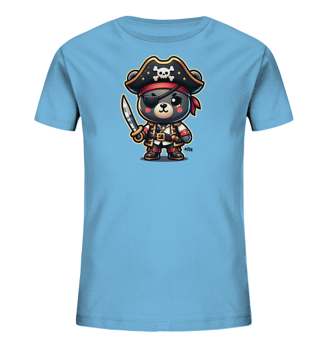 Onlineshop Shirts fuer Kinder - Das Bild zeigt ein hellblaues T-Shirt fuer Kinder mit einer detailreichen Piratenbaer-Grafik. Ein kleiner Cartoon-Baer ist als Pirat gekleidet, traegt einen schwarzen Hut mit Totenkopfmotiv, eine Augenklappe und eine rote Bandana. Er haelt entschlossen ein Schwert in seiner Pfote und sein Kostuem umfasst eine rote Jacke und einen Guertel. Das Design ist verspielt und maritim, ideal fuer kleine Abenteurer.