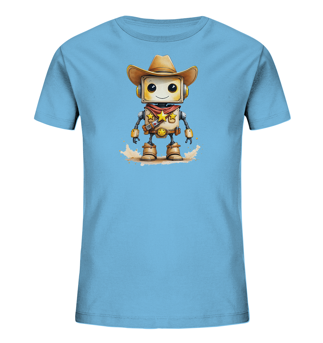 Onlineshop Shirts für Kinder - Das Bild zeigt ein hellblaues Kinder-T-Shirt mit einem auffälligen Druck in der Mitte. Das Motiv stellt einen freundlich aussehenden Roboter dar, der als Cowboy verkleidet ist. Der Roboter trägt einen Westernhut, ein rotes Halstuch mit einem Stern und braune Cowboystiefel. Das Design ist im Cartoon-Stil gehalten und zeigt den Roboter inmitten von aufgewirbeltem Staub oder Sand, was ihm einen dynamischen Western-Look verleiht.