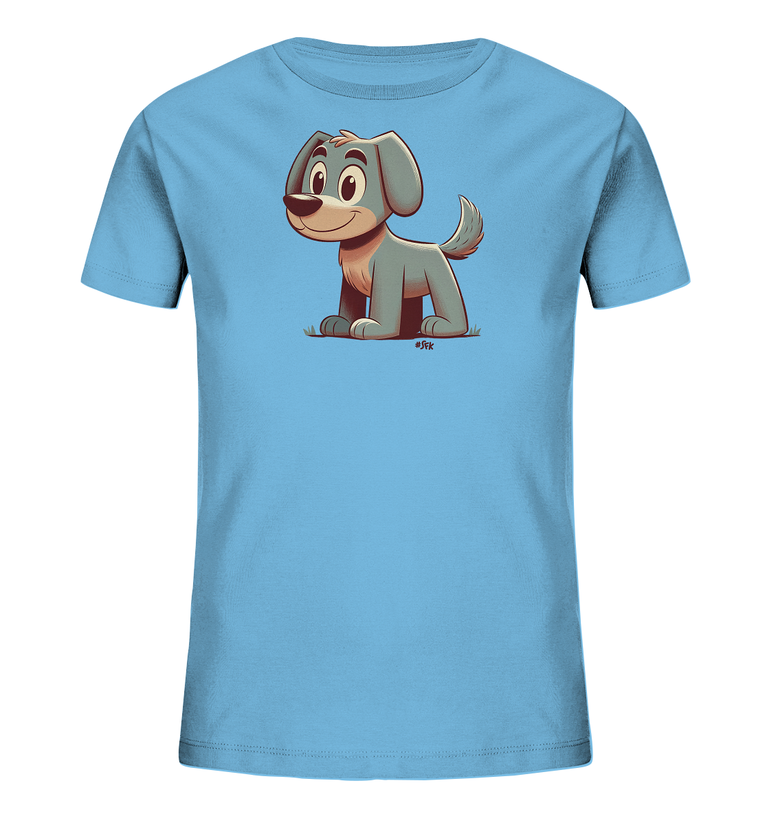 Onlineshop Shirts fuer Kinder - Das Bild zeigt ein hellblaues T-Shirt fuer Kinder mit einem niedlichen Cartoon-Hund. Der graublaue Hund sitzt aufrecht auf stilisiertem Gras und hat ein freundliches Laecheln. Sein Schwanz ist leicht erhoben, was auf Freude hindeutet. Das Design wirkt verspielt und ansprechend fuer Kinder.