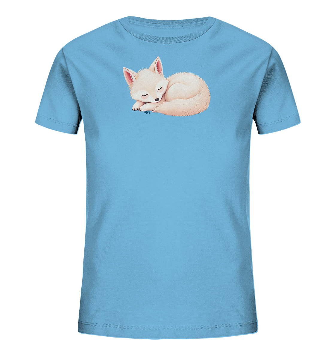 Onlineshop Shirts fuer Kinder - Das Bild zeigt ein hellblaues T-Shirt fuer Kinder. Auf der Vorderseite ist ein beiger Fuchs abgebildet, der eingerollt schlaeft. Der Fuchs hat seine Augen geschlossen und rosa Ohren, was ihm ein friedliches Aussehen verleiht. Das Design wirkt niedlich und beruhigend, ideal fuer Kinder.