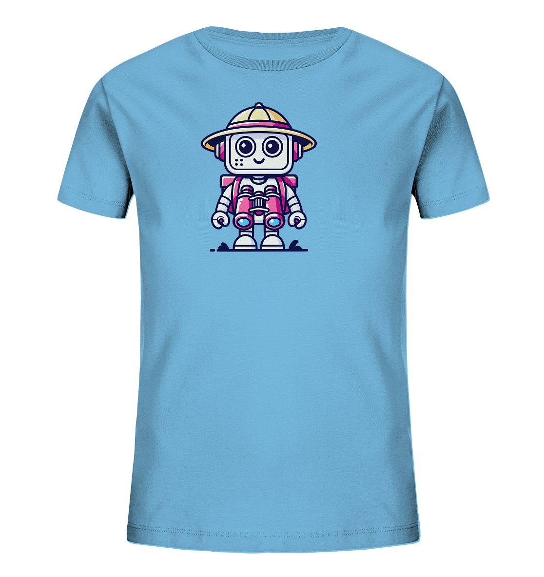 Onlineshop Shirts für Kinder - Das Bild zeigt ein hellblaues Kinder-T-Shirt. Auf der Vorderseite ist ein süßer, cartoonhafter Roboter abgebildet. Der Roboter trägt einen gelben Entdeckerhut mit pinkem Band, hält ein Fernglas und hat einen freundlichen Ausdruck. Das Design ist schlicht und farbenfroh, was dem Shirt einen fröhlichen Charakter verleiht.