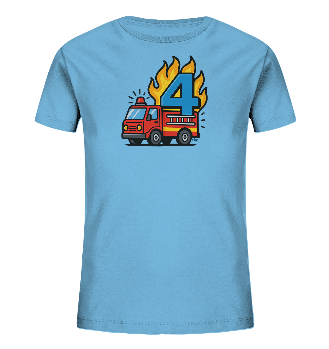 Onlineshop Shirts fuer Kinder - Das Bild zeigt ein hellblaues T-Shirt fuer Kinder. Auf der Vorderseite ist ein cartoonartiges Feuerwehrauto abgebildet. Über dem Feuerwehrauto befindet sich die Zahl '4' in blauer Farbe, umgeben von stilisierten Flammen. Dieses Design ist verspielt und farbenfroh.