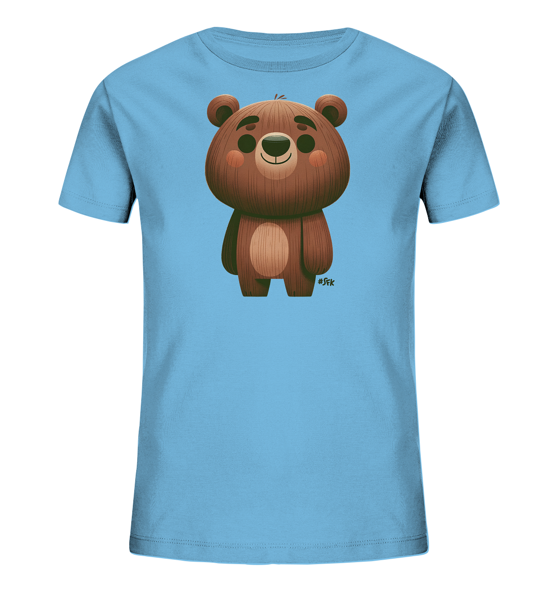 Onlineshop Shirts fuer Kinder - Dieses Bild zeigt ein hellblaues Kinder-T-Shirt mit einem charmanten Baerendesign. Die Illustration auf der Vorderseite zeigt einen freundlichen, cartoonhaften Baeren mit runden Ohren und rosafarbenen Wangen. Das Fell des Baeren ist in einer leicht texturierten Optik dargestellt, was dem Motiv Tiefe verleiht. Ein suesses und verspieltes Motiv fuer Kinderkleidung.