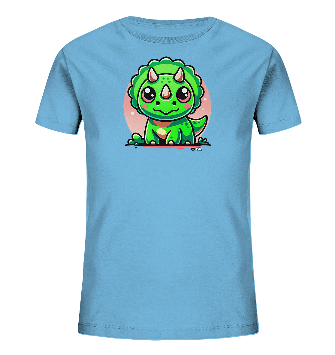 Onlineshop Shirts fuer Kinder - Das Bild zeigt ein hellblaues T-Shirt fuer Kinder. Auf der Vorderseite ist ein suesses, cartoonhaftes Baby-Dinosaurier-Motiv abgebildet. Der gruene Dinosaurier mit grossen Augen und einem Kopfschild sitzt vor einem hellrosa Kreis. Das Design wirkt freundlich und verspielt.