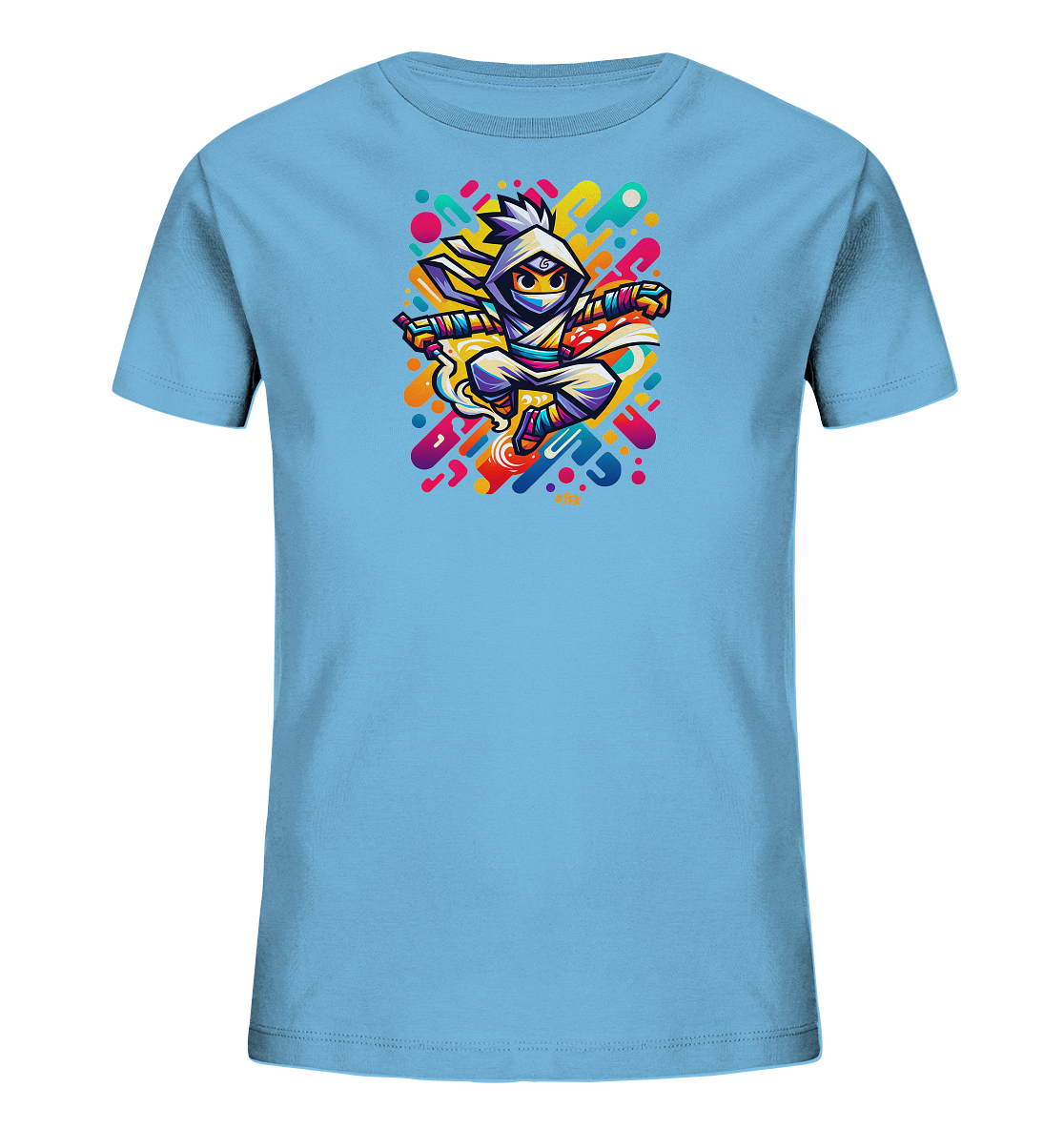 Onlineshop Shirts fuer Kinder - Das Bild zeigt ein hellblaues T-Shirt mit einer farbenfrohen Grafik in der Mitte. Die Illustration stellt eine springende Cartoon-Figur im Ninja-Stil dar, umgeben von dynamischen, abstrakten Formen. Das Design verwendet intensive Farben wie Gelb, Orange, Rot und Blau vor einem Hintergrund aus bunten Elementen. Es wirkt lebendig und actionreich.