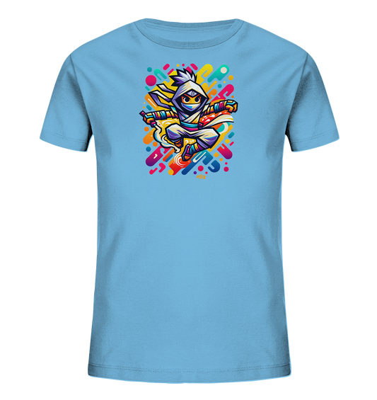 Kinder T-Shirt mit springender Ninja-Figur und bunten abstrakten Formen