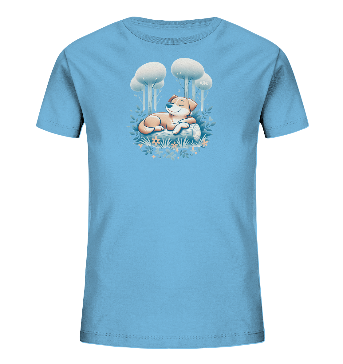 Onlineshop Shirts fuer Kinder - Dieses hellblaue Kinder-T-Shirt zeigt eine friedliche Illustration eines schlafenden Hundes. Der Hund liegt entspannt auf einem Baumstamm inmitten von Blumen und Blaettern. Im Hintergrund sind stilisierte Baeume zu sehen, die eine ruhige Waldszene darstellen. Das Design wirkt beruhigend und naturnah.