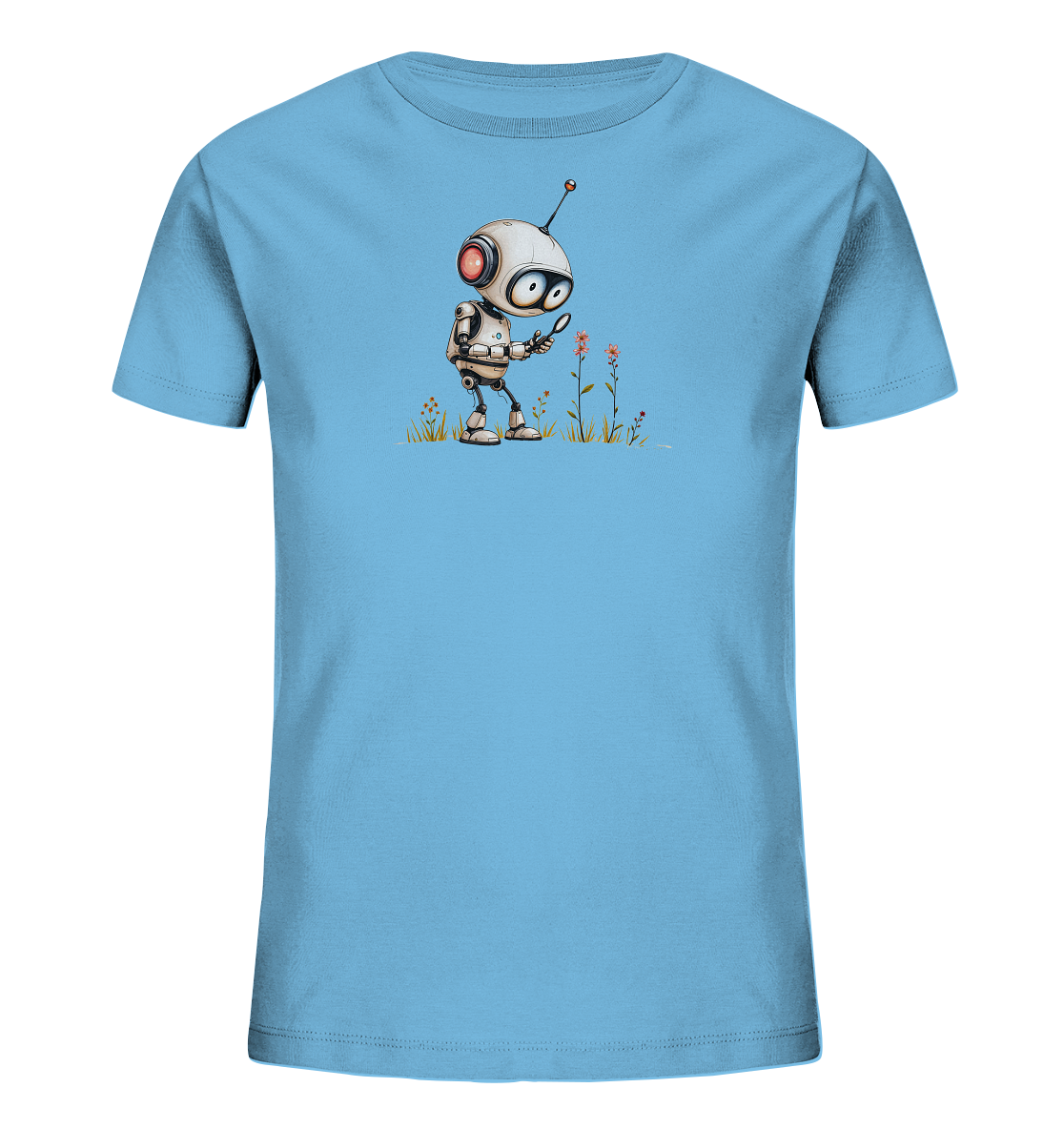Onlineshop Shirts für Kinder - Das Bild zeigt ein hellblaues Kinder-T-Shirt mit einem aufgedruckten Motiv eines kleinen Roboters. Der Roboter ist weiß mit grauen und roten Akzenten und hat große Augen. Er steht im Gras neben einigen Blumen und betrachtet eine davon durch eine Lupe. Das Design ist detailreich und weckt Neugier auf Entdeckungen in der Natur.