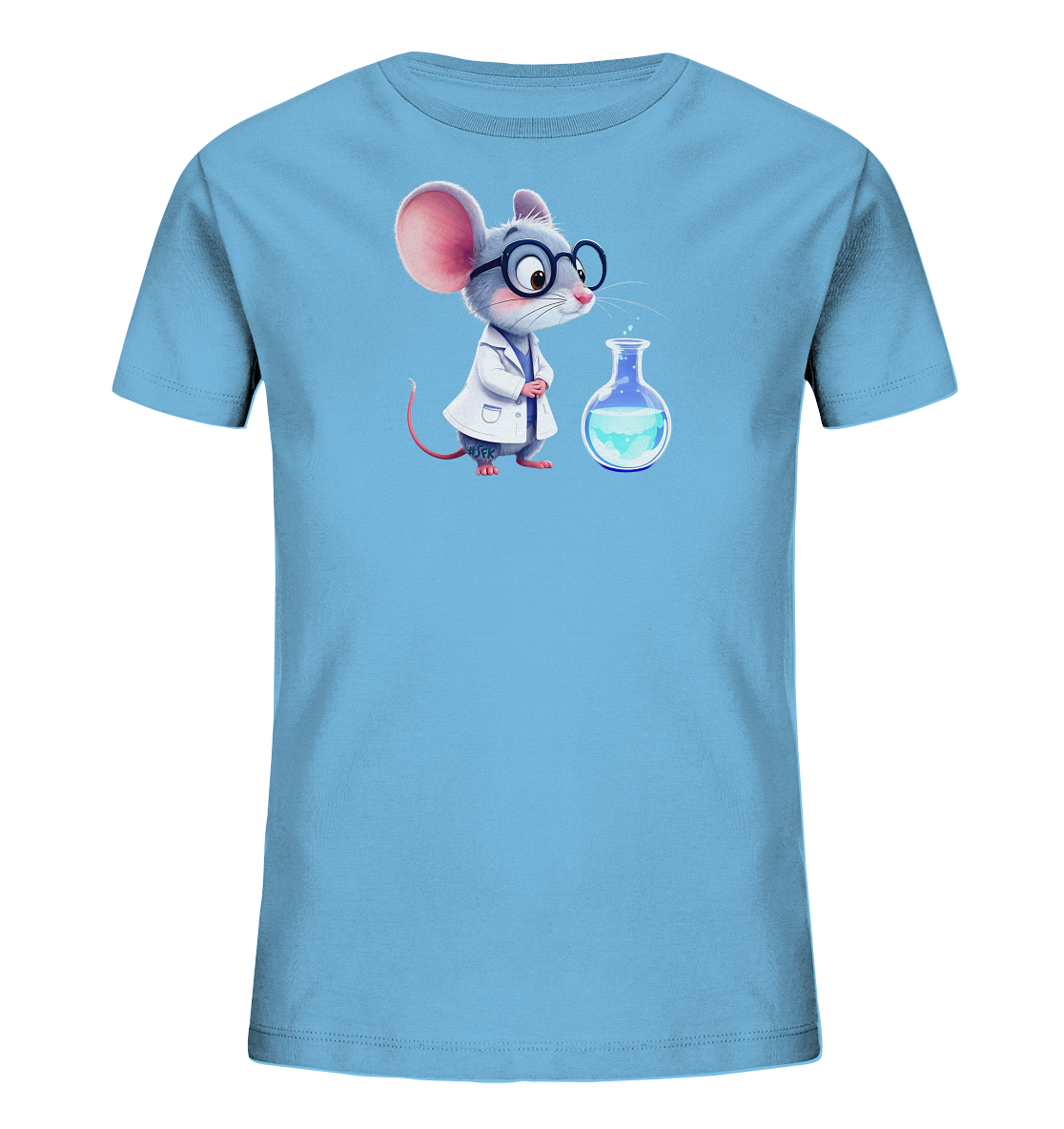 Onlineshop Shirts fuer Kinder - Das Bild praesentiert ein hellblaues Kinder-T-Shirt mit einer charmanten Illustration einer Wissenschaftler-Maus. Die Maus traegt einen weissen Laborkittel und eine Brille und beobachtet konzentriert einen Kolben mit einer leuchtend blauen Fluessigkeit. Dieses Motiv verleiht dem T-Shirt einen verspielten und lehrreichen Look, ideal fuer kleine Entdecker.
