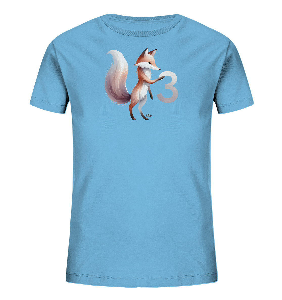 Onlineshop Shirts fuer Kinder - Dieses hellblaue T-Shirt fuer Kinder ist mit einer charmanten Illustration verziert. Ein niedlicher Fuchs in warmen Brauntoenen haelt spielerisch die Ziffer '3' in einem helleren Farbton. Die Darstellung des Fuchses wirkt lebendig und freundlich. Ein suesses Design fuer kleine Abenteurer.