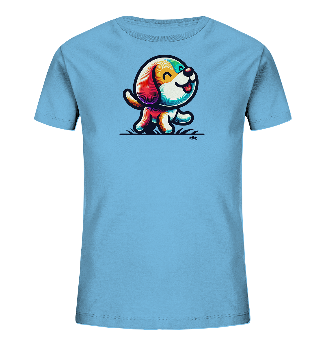 Onlineshop Shirts fuer Kinder - Das hellblaue Kinder-T-Shirt zeigt einen stilisierten, froehlichen Hund in leuchtenden Farben. Der cartoonartige Hund laeuft auf einer Wiese und ist in geometrischen Formen mit kraeftigen Umrissen dargestellt. Seine bunte Gestaltung mit Gelb, Rot, Blau und Gruen verleiht dem Motiv eine verspielte Note. Das Design ist zentral auf der Vorderseite platziert.