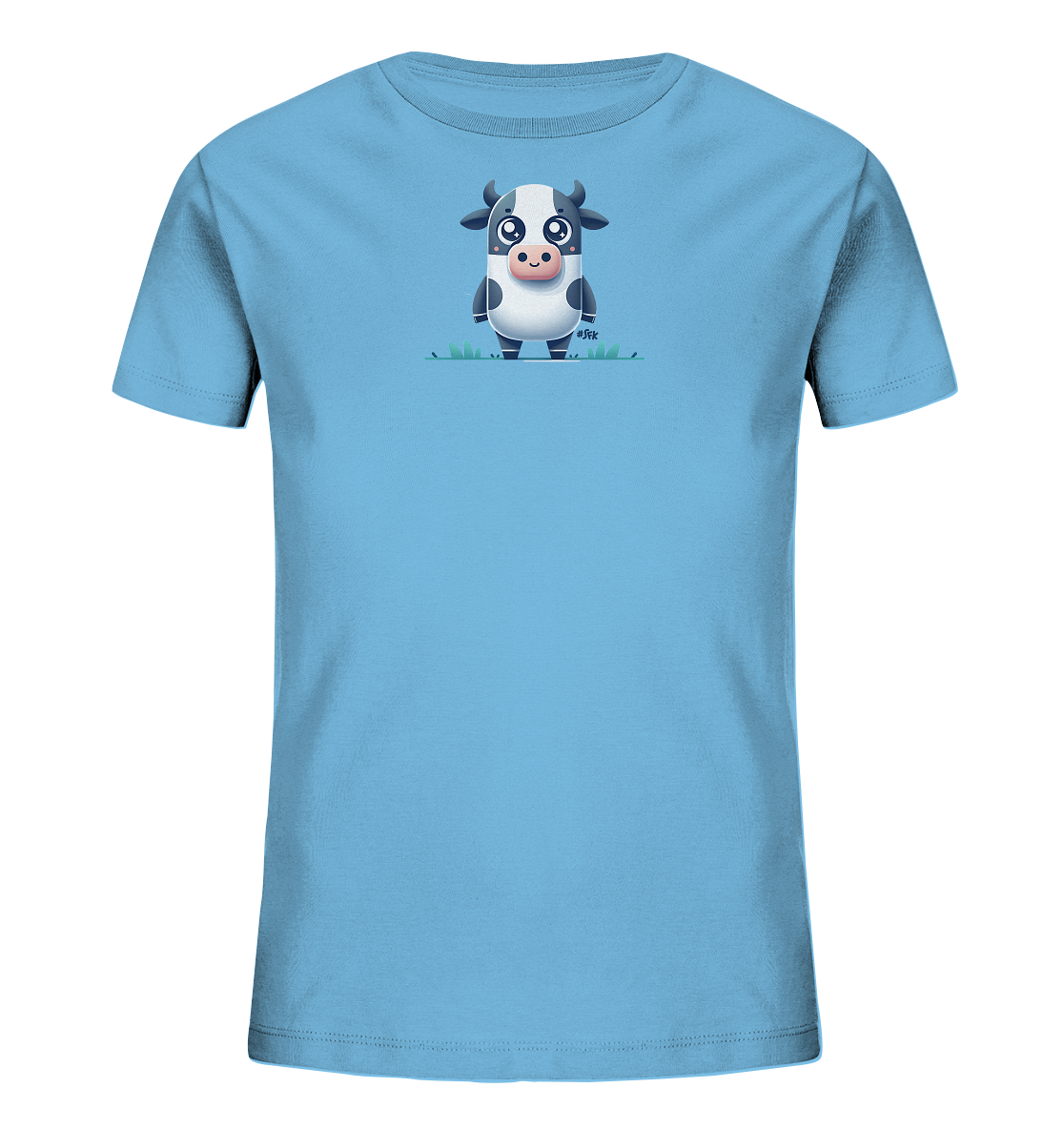 Onlineshop Shirts fuer Kinder - Das Bild zeigt ein hellblaues T-Shirt fuer Kinder. Auf der Vorderseite ist eine niedliche, cartoonartige Kuh abgebildet. Die Kuh hat schwarze und weisse Flecken, grosse Augen und steht auf gruenem Gras. Das Design wirkt freundlich und verspielt.