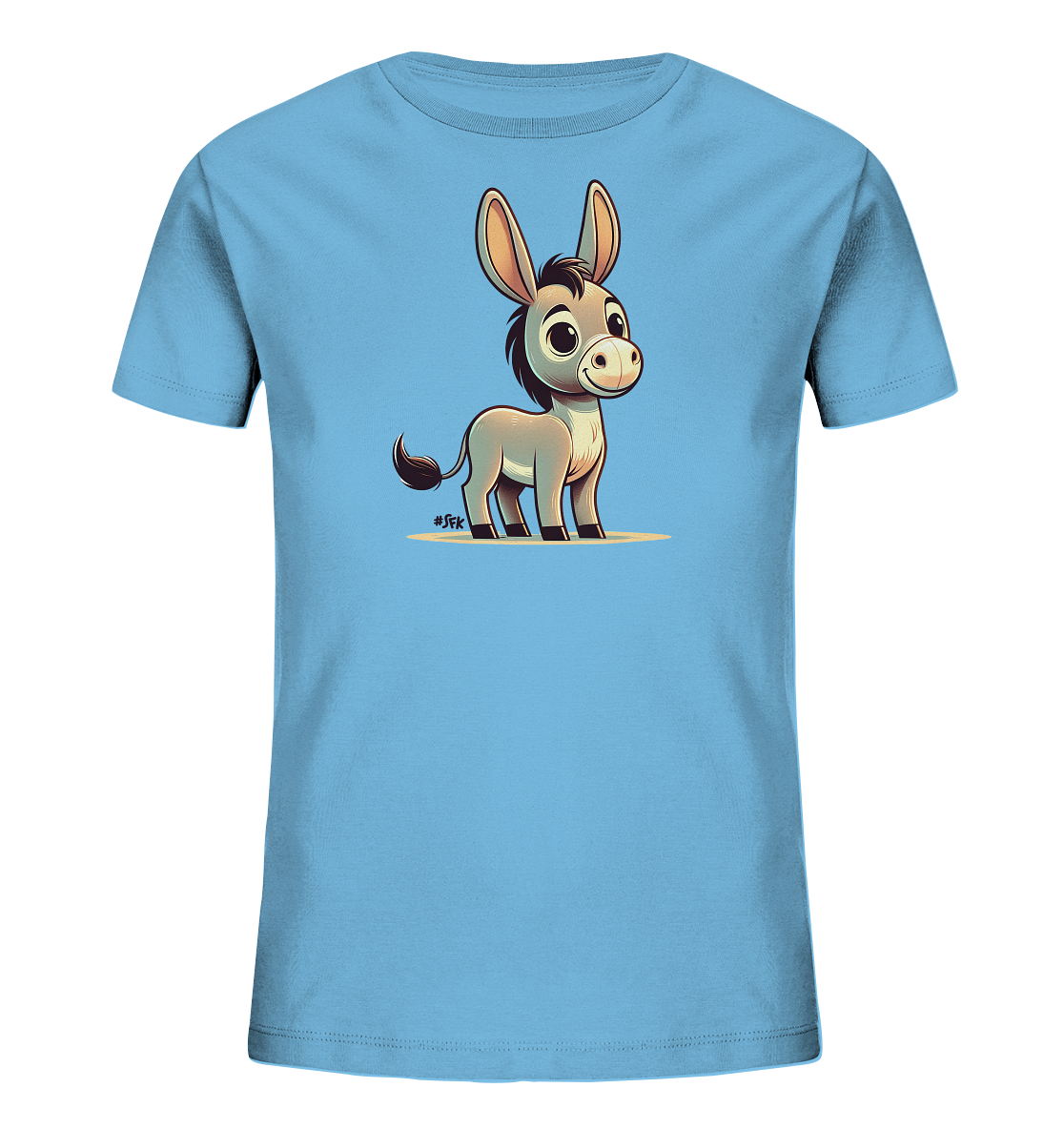 Onlineshop Shirts fuer Kinder - Das Bild zeigt ein hellblaues Kinder-T-Shirt mit einer charmanten Illustration eines Esels. Der Cartoon-Esel hat grosse Ohren und ein freundliches Laecheln und steht auf einer sandigen Flaeche. Das Motiv ist detailreich gestaltet und verleiht dem Shirt einen froehlichen Charakter.