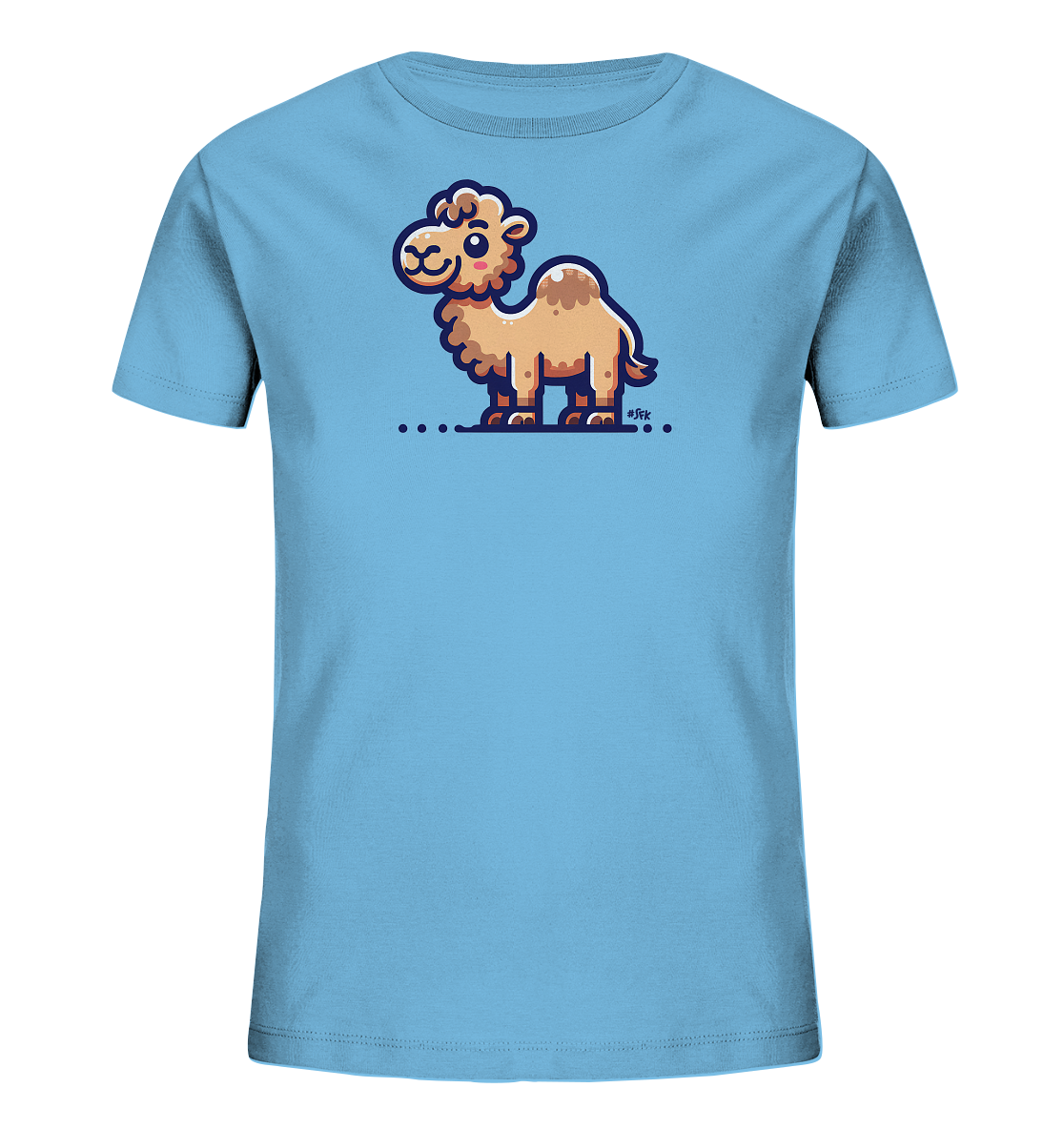 Onlineshop Shirts fuer Kinder - Das Bild zeigt ein hellblaues T-Shirt fuer Kinder. Darauf ist eine niedliche, cartoonartige Illustration eines Kamels zu sehen. Das Kamel hat ein freundliches Gesicht, einen Hoecker und steht auf kleinen, dunklen Plattformen. Die Darstellung ist farblich zurueckhaltend und verspielt gestaltet.
