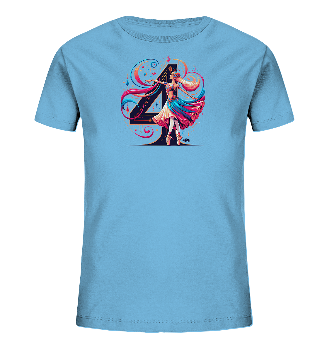 Onlineshop Shirts fuer Kinder - Das Bild zeigt ein hellblaues Kinder-T-Shirt mit einem grossen schwarzen "4" und einer tanzenden Ballerina davor. Die Ballerina traegt ein mehrfarbiges Kleid und steht auf Spitzenschuhen. Um die Zahl und die Taenzerin winden sich bunte, fliessende Formen. Das Design wirkt kuenstlerisch und dynamisch.