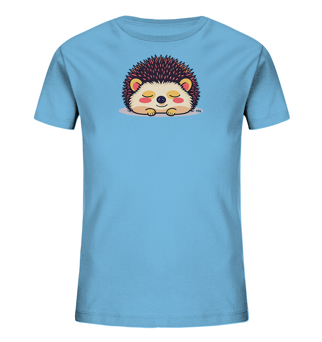 Onlineshop Shirts fuer Kinder - Das Bild zeigt ein hellblaues T-Shirt fuer Kinder. Auf der Vorderseite befindet sich eine niedliche, cartoonartige Illustration eines friedlich schlafenden Igels. Der Igel hat geschlossene Augen, rosige Wangen und braune Stacheln, die ihm ein sehr suesses Aussehen verleihen. Dieses Design wirkt beruhigend und ist ideal fuer kleine Tierliebhaber.