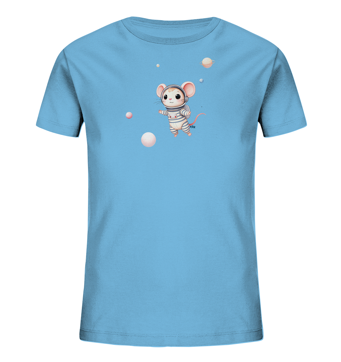 Onlineshop Shirts fuer Kinder - Das Bild zeigt ein hellblaues Kinder-T-Shirt mit einer charmanten Illustration einer Astronauten-Maus. Die Maus traegt einen Weltraumanzug und schwebt inmitten von Planeten und schwebenden Kugeln, was ein spielerisches Weltraum-Thema darstellt. Das Design ist liebevoll gestaltet und wirkt freundlich und fantasievoll.