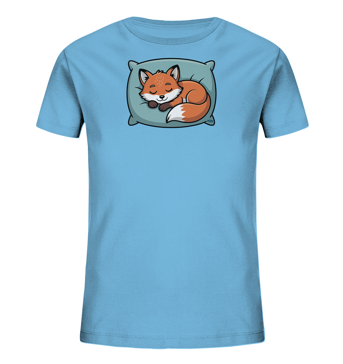 Onlineshop Shirts fuer Kinder - Das Bild zeigt ein hellblaues Kinder-T-Shirt mit einem niedlichen Motiv auf der Vorderseite. Abgebildet ist ein orangefarbener Fuchs, der friedlich auf einem hellblauen Kissen schlaeft. Der Fuchs ist zusammengerollt, mit geschlossenen Augen und einem zufriedenen Ausdruck dargestellt. Das Design verleiht dem Shirt einen ruhigen und verspielten Charakter.