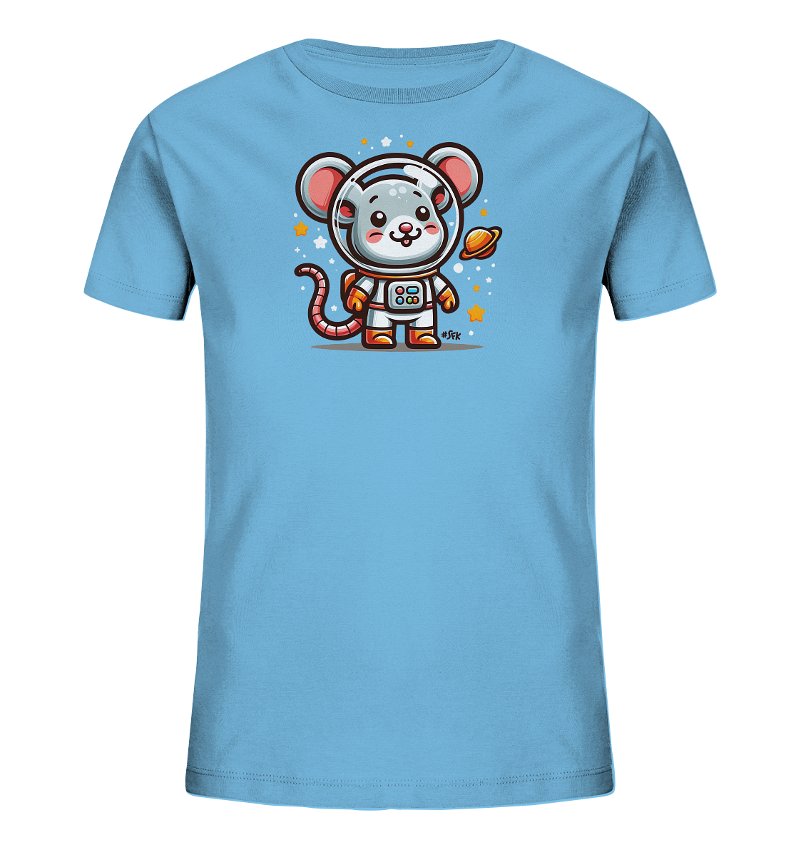 Onlineshop Shirts fuer Kinder - Das Bild zeigt ein hellblaues Kinder-T-Shirt. Auf der Vorderseite ist eine niedliche Cartoon-Maus in einem Astronautenanzug abgebildet. Die Maus haelt einen kleinen Planeten in ihrer Hand und ist von Sternen umgeben. Das Design ist verspielt und zeigt ein Weltraumthema.