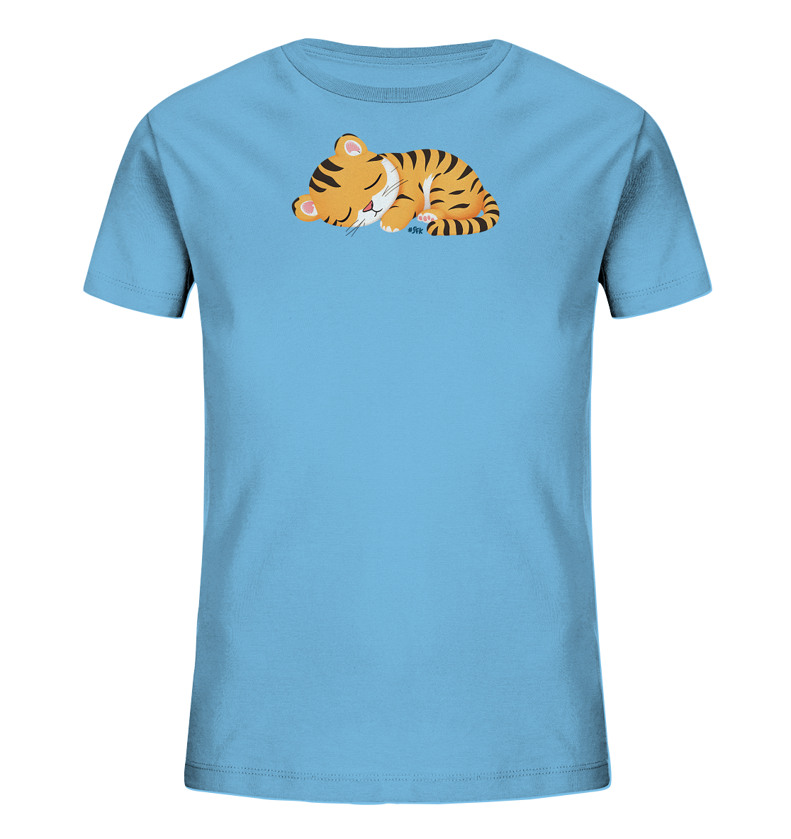 Onlineshop Shirts fuer Kinder - Das Bild zeigt ein hellblaues Kinder-T-Shirt mit einem niedlichen Motiv. Darauf ist ein orange-schwarz gestreiftes Tigerbaby zu sehen, das friedlich schlafend eingerollt ist. Die Darstellung des schlafenden Tieres verleiht dem Shirt einen sanften und beruhigenden Charakter. Es ist ein verspieltes Design, ideal fuer Kinder.