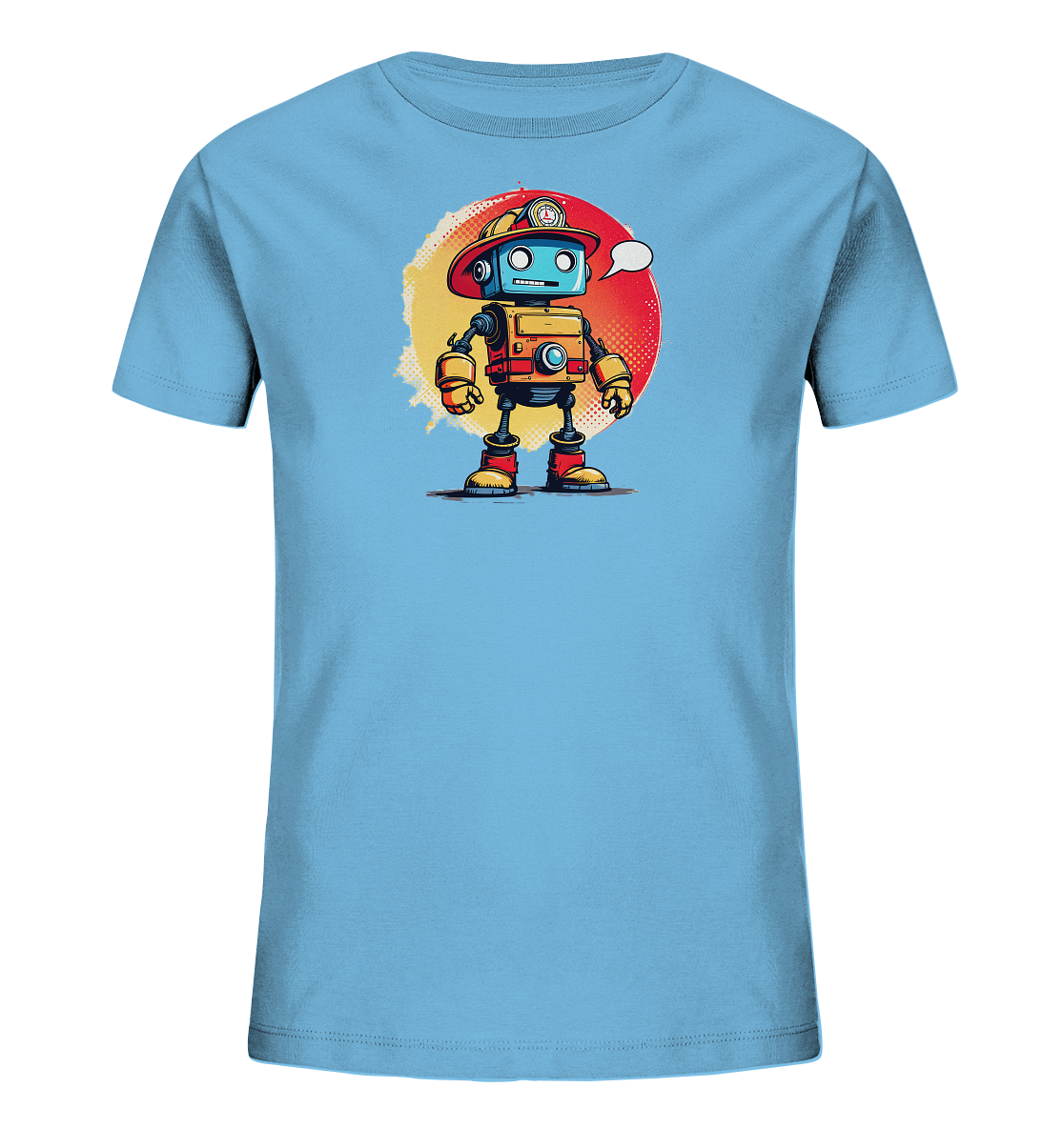 Onlineshop Shirts für Kinder - Das Bild zeigt ein hellblaues Kinder-T-Shirt, das auf einem schwarzen Hintergrund präsentiert wird. Auf der Vorderseite des Shirts ist eine Illustration eines stilisierten Roboters im Cartoon-Look abgebildet. Der Roboter trägt einen roten Helm und steht vor einem auffälligen, zweifarbigen Kreis in Gelb und Rot. Über seinem Kopf befindet sich eine leere Sprechblase, was dem Motiv eine interaktive oder gedankenvolle Qualität verleiht.