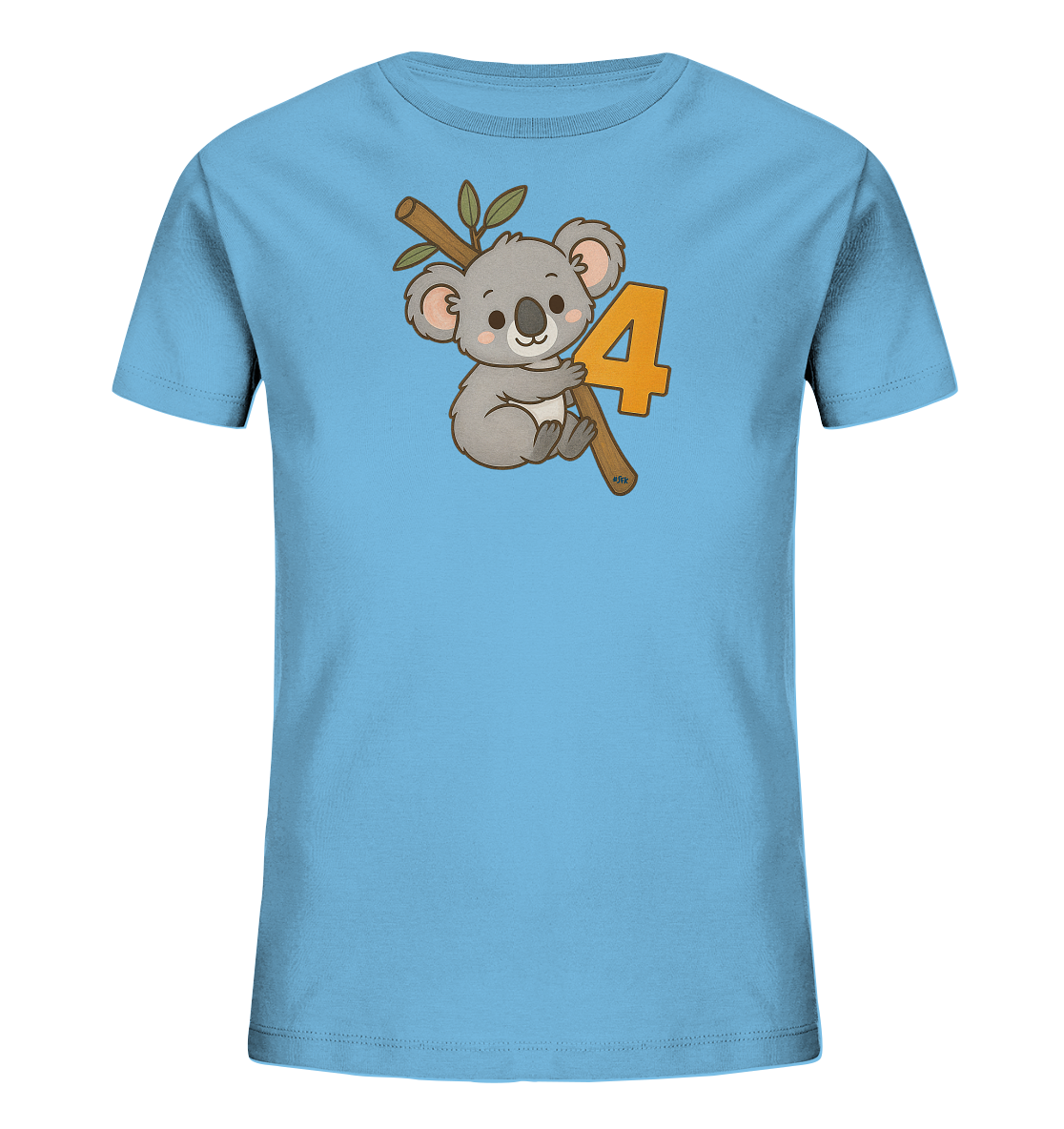 Onlineshop Shirts fuer Kinder - Dieses hellblaue Kinder-T-Shirt zeigt ein niedliches Design auf der Vorderseite. Eine Illustration eines laechelnden Koalas, der an einem Ast mit Blaettern haengt, ist zu sehen. Neben dem Koala ist die orangefarbene Zahl 4 prominent platziert. Das Motiv wirkt freundlich und verspielt, ideal fuer Kinder.