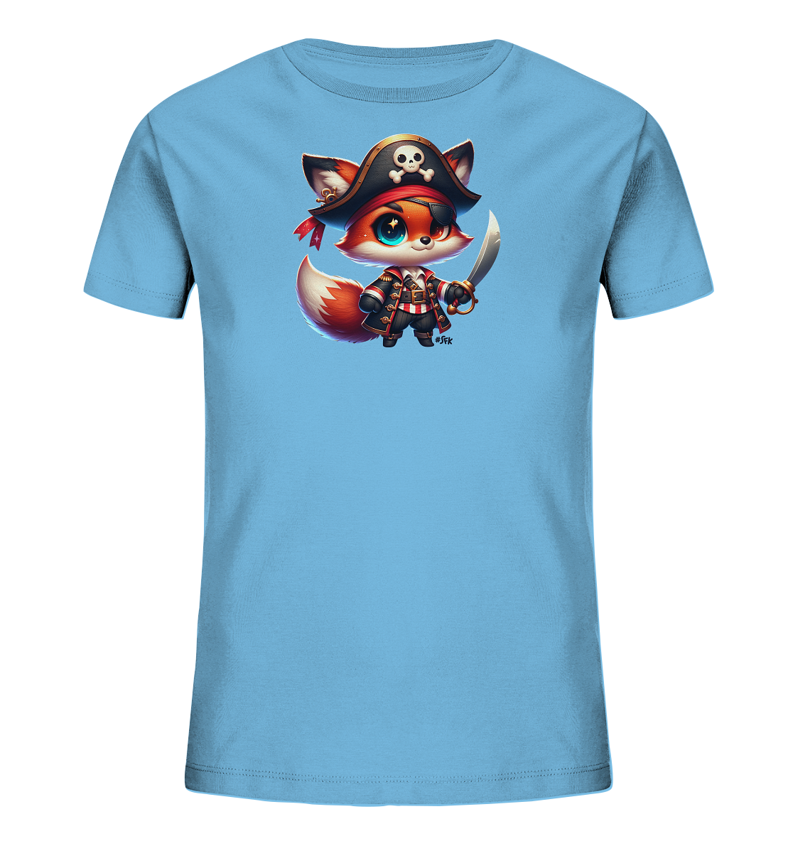 Onlineshop Shirts fuer Kinder - Das Bild zeigt ein hellblaues Kinder-T-Shirt mit einem aufgedruckten Motiv. Dargestellt ist ein niedlicher Fuchs im Piratenkostuem, komplett mit Augenklappe und Piratenhut mit Totenkopf. Der Fuchs haelt ein Schwert in der Pfote und traegt eine gestreifte Weste sowie eine rote Schaerpe. Das verspielte Design verleiht dem Shirt einen abenteuerlichen Look.