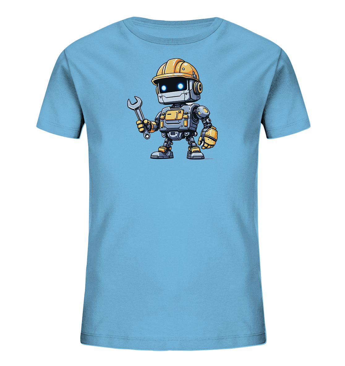 Onlineshop Shirts für Kinder - Das Bild zeigt ein hellblaues T-Shirt mit einem freundlichen, cartoonhaften Roboter auf der Vorderseite. Der Roboter trägt einen gelben Bauarbeiterhelm und hält in seiner rechten Hand einen silbernen Schraubenschlüssel. Er hat leuchtend blaue Augen und eine detaillierte Rüstung in Grau und Gelb. Dieses Motiv verleiht dem Shirt einen lustigen und technischen Charakter, der ideal für Kinder ist.