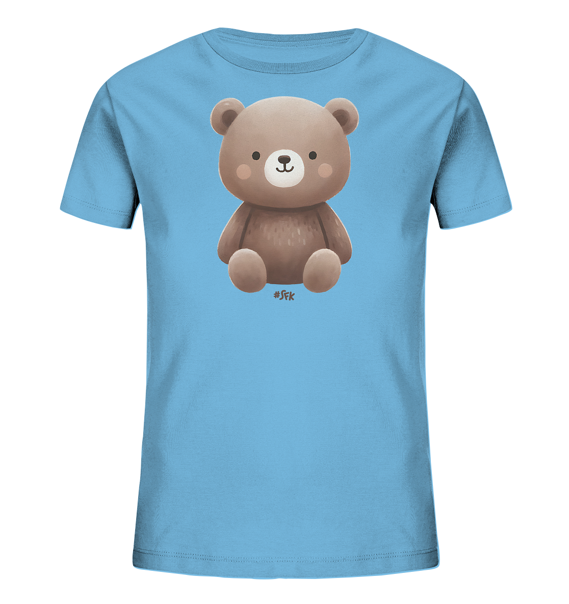 Onlineshop Shirts fuer Kinder - Das Bild zeigt ein hellblaues Kinder-T-Shirt mit einer niedlichen Grafik auf der Vorderseite. Zentral platziert ist ein brauner, freundlich aussehender Teddybaer mit runden Ohren und rosafarbenen Wangen. Der Baer sitzt in einer einfachen, kindgerechten Illustration. Das Design wirkt liebevoll und verspielt.
