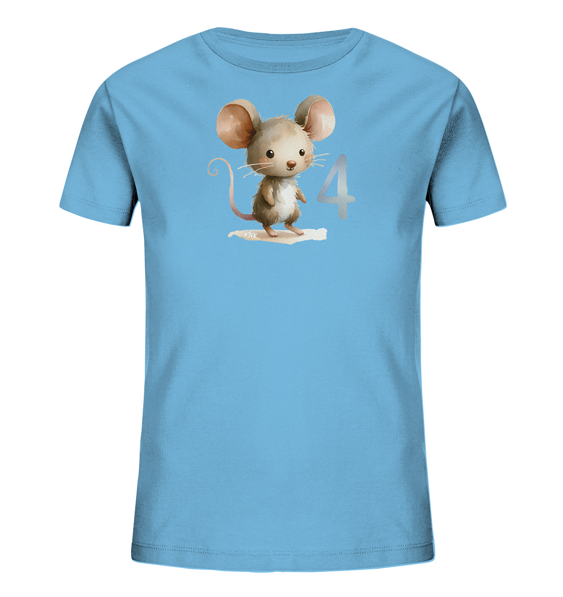 Onlineshop Shirts fuer Kinder - Das Bild zeigt ein hellblaues T-Shirt mit einem niedlichen, im Aquarellstil gemalten Motiv einer kleinen Maus auf der Vorderseite. Die Maus steht aufrecht neben der grossen Zahl '4', die ebenfalls in sanften Grautoenen gehalten ist. Das Design wirkt verspielt und ansprechend, perfekt fuer ein Kinder-Shirt. Die Illustration der Maus ist detailliert mit grossen Ohren und freundlichem Ausdruck.