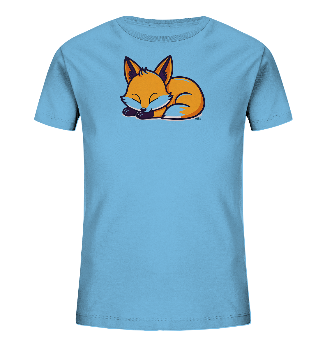 Onlineshop Shirts fuer Kinder - Das Bild zeigt ein hellblaues Kinder-T-Shirt. Auf der Vorderseite ist ein niedlicher, schlafender Fuchs abgebildet. Der orangefarbene Fuchs liegt zusammengerollt mit geschlossenen Augen und hat dunkle Konturen. Das cartoonhafte Motiv verleiht dem Shirt einen friedlichen Charakter.