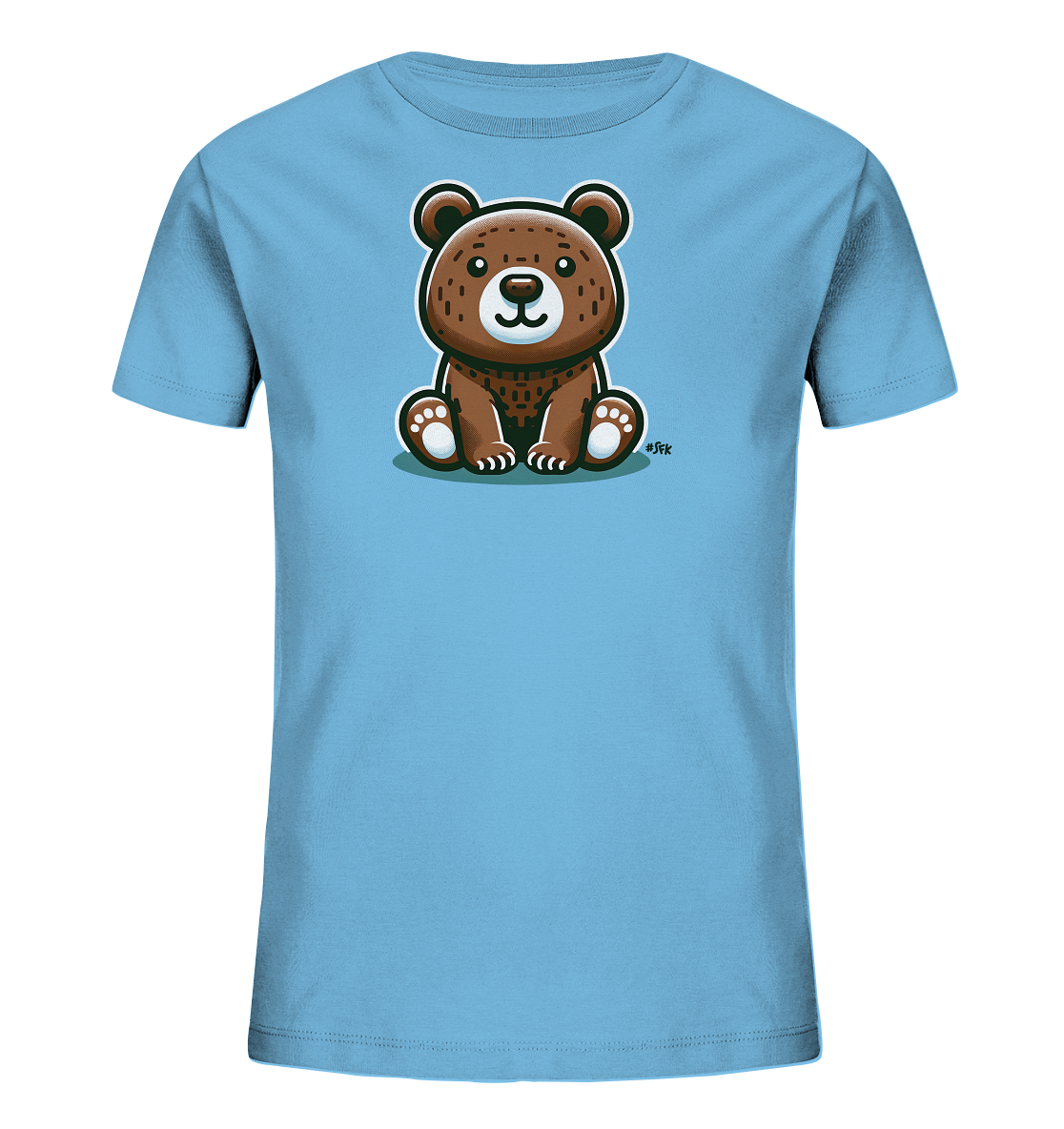 Onlineshop Shirts fuer Kinder - Das Bild zeigt ein hellblaues T-Shirt fuer Kinder mit einem niedlichen Baerenmotiv auf der Vorderseite. Der Baer ist im Cartoon-Stil dargestellt, sitzt aufrecht und hat grosse Ohren. Er hat ein freundliches Gesicht und braunes Fell. Das Design wirkt verspielt und kinderfreundlich.