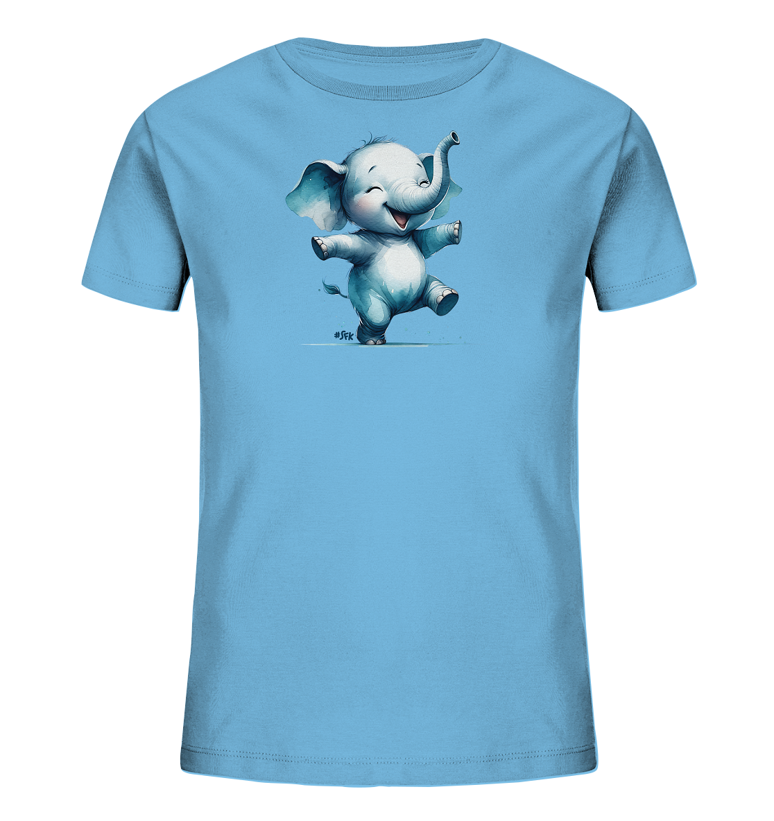 Onlineshop Shirts fuer Kinder - Das Bild zeigt ein hellblaues Kinder-T-Shirt mit einer niedlichen Illustration eines Elefanten. Der kleine, graue Elefant tanzt froehlich auf einem Bein mit ausgestreckten Armen und erhobenem Ruessel. Er hat grosse, freundliche Augen und laechelt. Das Motiv verleiht dem Shirt eine verspielte und positive Ausstrahlung.