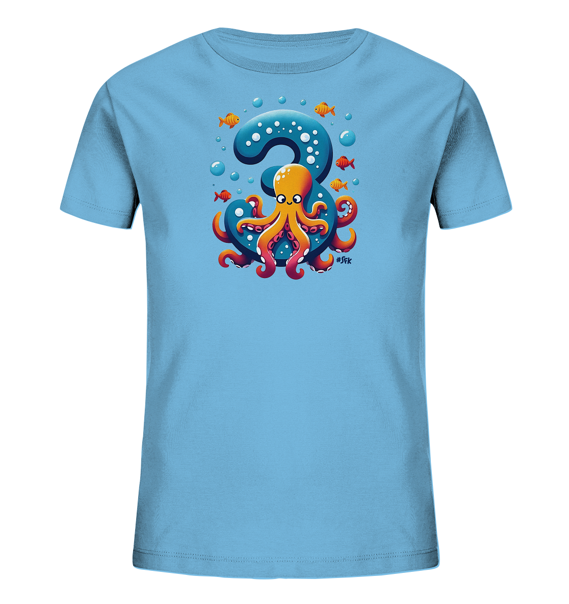 Onlineshop Shirts fuer Kinder - Das hellblaue T-Shirt zeigt ein aquatisches Motiv mit einer grossen, blauen Zahl Drei. Um die Zahl windet sich ein froehlicher Oktopus in den Farben Orange und Rot. Kleine Blasen und orangefarbene Fische umgeben das zentrale Design, das eine Unterwasserwelt darstellt.