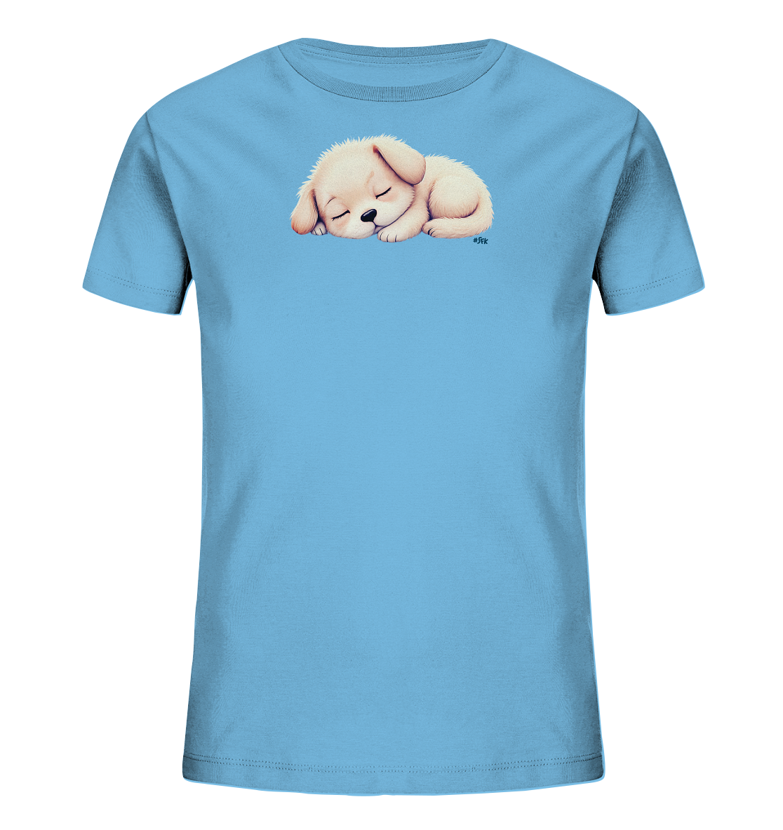 Onlineshop Shirts fuer Kinder - Das Bild zeigt ein hellblaues Kinder-T-Shirt. Auf der Vorderseite ist ein niedlicher, beigefarbener Welpe abgebildet, der friedlich eingerollt schlaeft. Der flauschige Welpe hat geschlossene Augen und wirkt sehr kuschelig. Das Design verleiht dem Shirt einen sanften und beruhigenden Charakter.