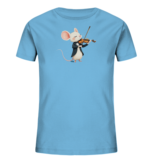 Onlineshop Shirts fuer Kinder - Das Bild zeigt ein hellblaues Kinder-T-Shirt mit einem aufgedruckten Motiv. Darauf ist eine weisse Maus in einem schwarzen Frack zu sehen, die konzentriert eine Violine spielt. Die Maus hat grosse rosafarbene Ohren und einen langen Schwanz. Das verspielte Design verleiht dem Shirt einen charmanten musikalischen Charakter.