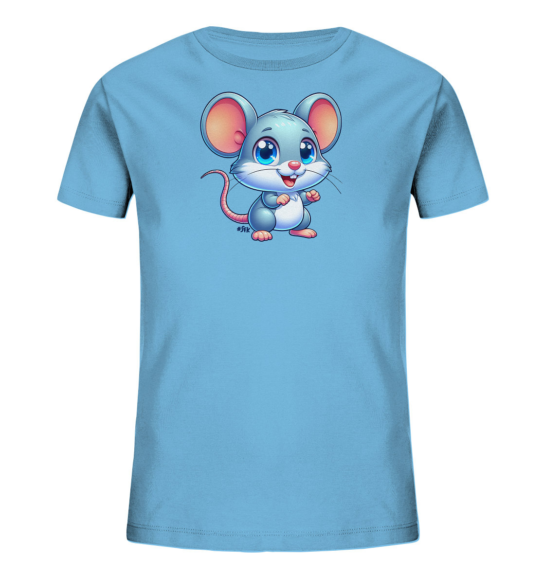 Onlineshop Shirts fuer Kinder - Das Bild zeigt ein hellblaues Kinder-T-Shirt mit einem niedlichen Comic-Motiv auf der Vorderseite. Dargestellt ist eine kleine, graue Maus mit grossen Ohren und blauen Augen. Die Maus hat einen freundlichen Ausdruck und steht aufrecht, was dem Shirt einen verspielten Look verleiht.