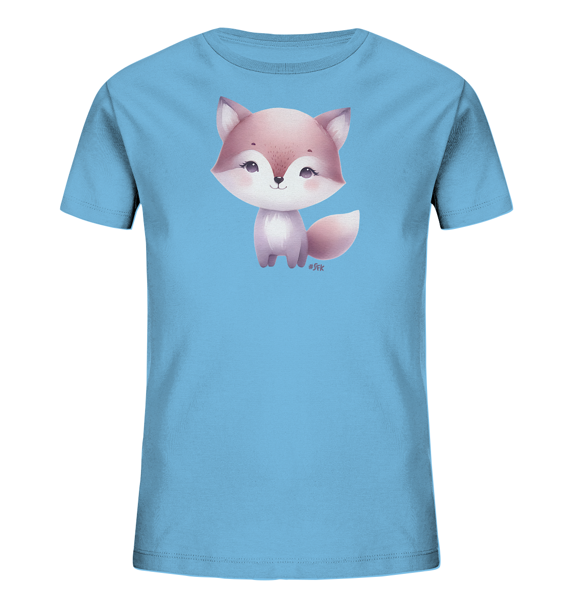 Onlineshop Shirts fuer Kinder - Das Bild zeigt ein hellblaues Kinder-T-Shirt mit einem niedlichen, cartoonhaften Fuchs-Motiv auf der Vorderseite. Der Fuchs ist in sanften Rosa- und Weisstoenen dargestellt und sitzt aufrecht. Er hat grosse Augen, ein freundliches Laecheln und einen buschigen Schwanz. Das Design wirkt freundlich und ansprechend fuer Kinder.