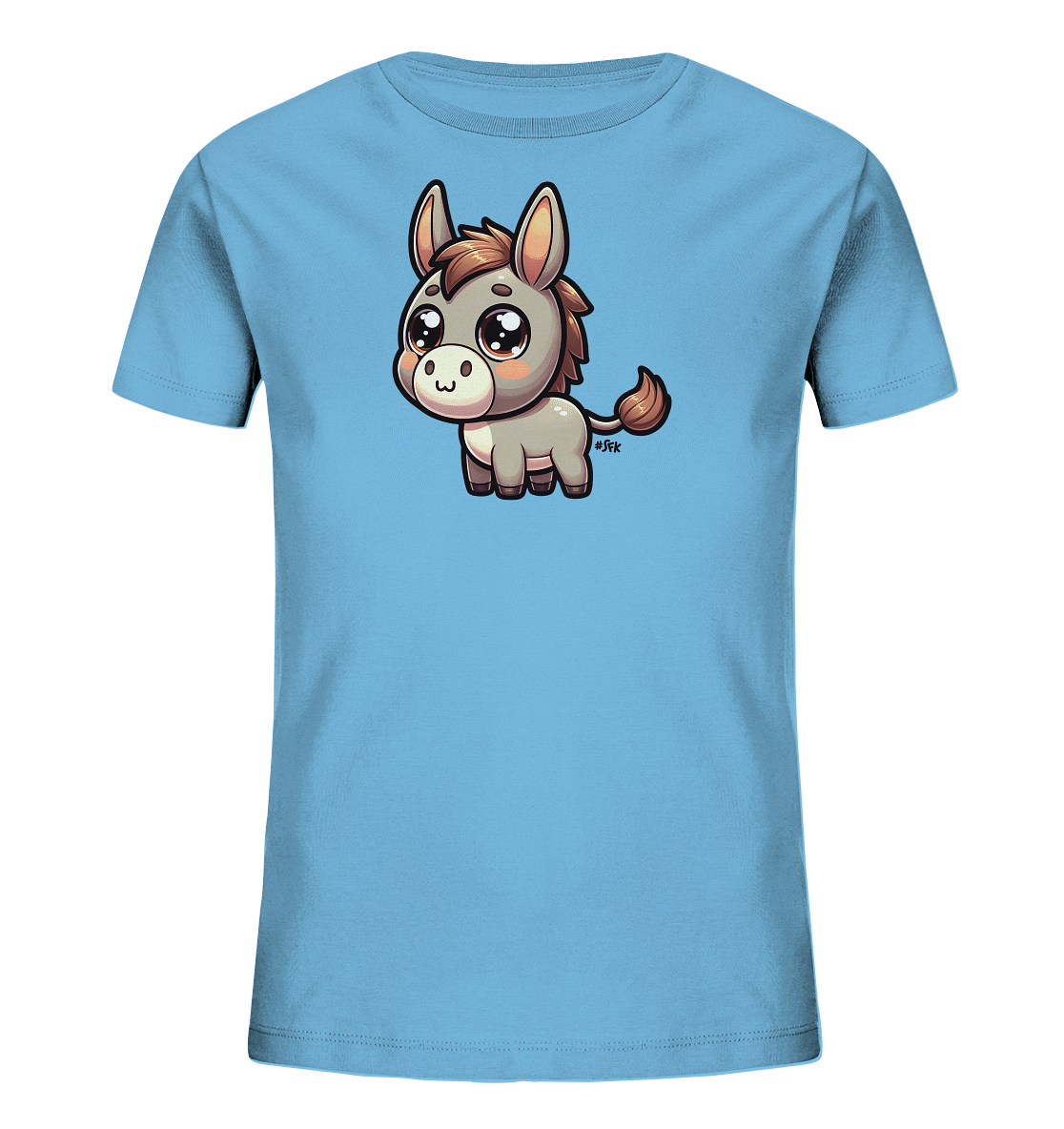 Onlineshop Shirts fuer Kinder - Das Bild zeigt ein hellblaues Kinder-T-Shirt mit einem niedlichen Comic-Esel-Motiv auf der Vorderseite. Der kleine Esel ist grau mit brauner Maehne und hat grosse, glaenzende Augen sowie einen freundlichen Ausdruck. Er steht in der Mitte des Shirts. Das Design wirkt sehr kindgerecht und ansprechend.