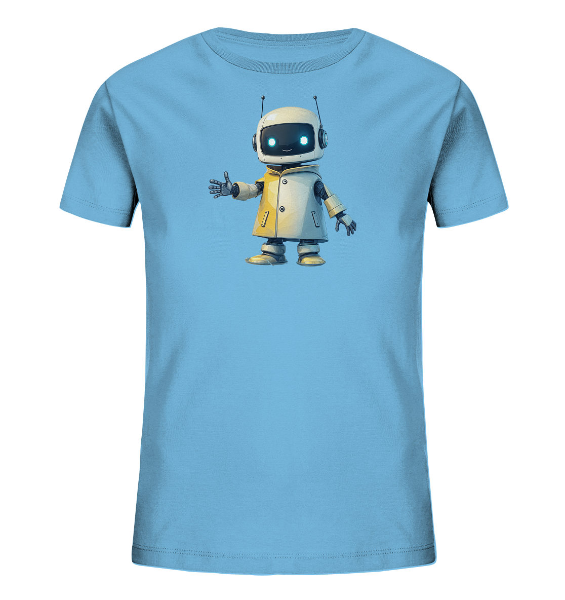 Onlineshop Shirts für Kinder - Das Bild präsentiert ein hellblaues Kinder-T-Shirt, dessen Vorderseite mit einer Grafik eines Roboters bedruckt ist. Der dargestellte Roboter hat einen runden weißen Kopf mit zwei Antennen und metallic-graue Gliedmaßen. Er trägt einen hellgelben Mantel und zeigt ein freundliches Gesicht mit leuchtenden blauen Augen. Die Illustration ist detailliert und das T-Shirt wird vor einem schwarzen Hintergrund gezeigt.