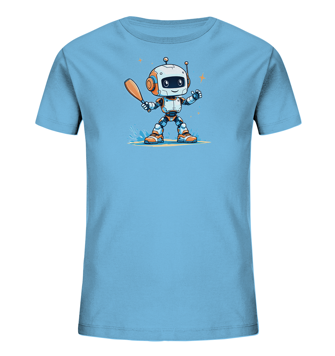 Onlineshop Shirts für Kinder - Das Bild zeigt ein hellblaues Kinder-T-Shirt mit einer Grafik auf der Vorderseite. Diese Grafik stellt einen freundlichen Cartoon-Roboter dar, der einen Baseballschläger hält. Der Roboter ist in den Farben Weiß, Orange und Grau gestaltet und wird von blauen Wasserspritzern und kleinen gelben Sternen umrahmt. Das Design ist zentral auf dem Shirt platziert und wirkt verspielt.