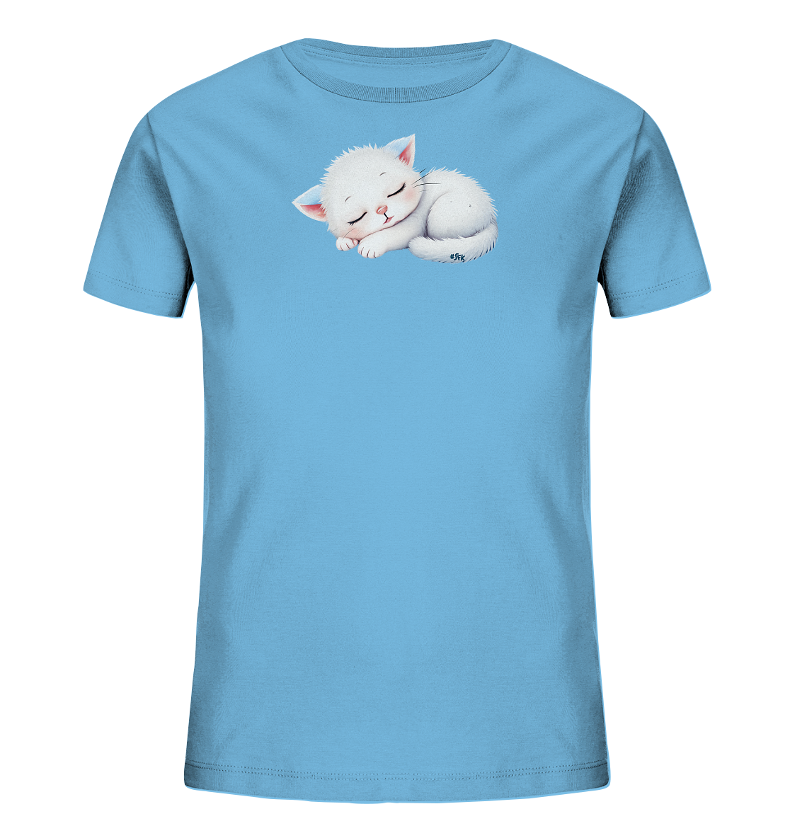 Onlineshop Shirts fuer Kinder - Das Bild zeigt ein hellblaues Kinder-T-Shirt mit einem niedlichen Aufdruck eines schlafenden Kaetzchens auf der Vorderseite. Das weisse Kaetzchen ist zusammengerollt dargestellt, hat die Augen geschlossen und wirkt sehr friedlich. Die Ohren sind leicht rosa gefaerbt. Das Design vermittelt einen sanften und beruhigenden Eindruck, ideal fuer Kinder.