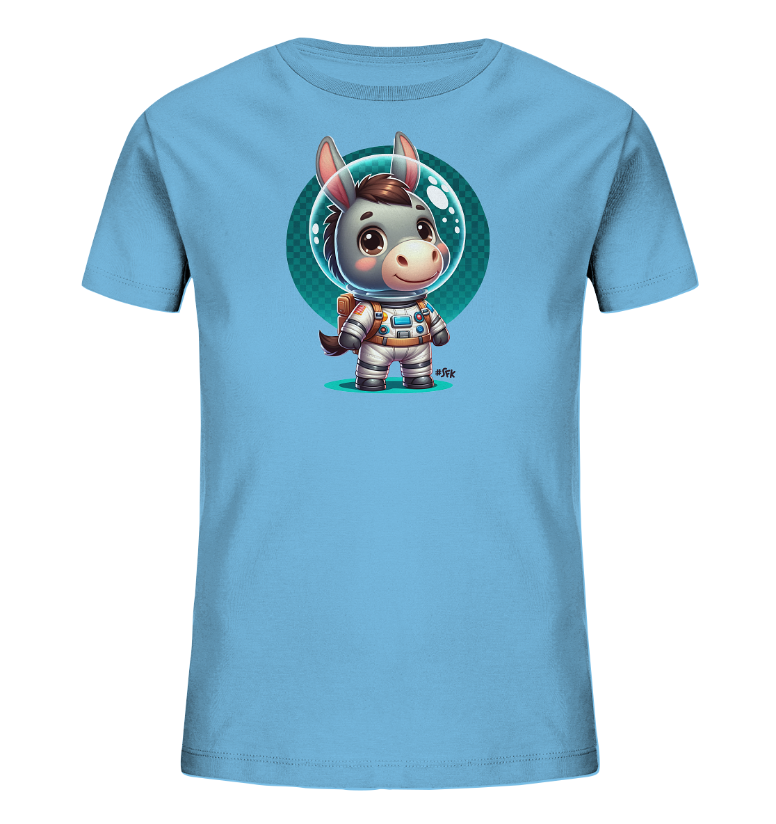 Onlineshop Shirts fuer Kinder - Dieses hellblaue T-Shirt fuer Kinder zeigt eine Illustration eines suessen Esels. Der Esel traegt einen Astronautenanzug mit einem transparenten Helm. Er steht laechelnd vor einem runden, gemusterten Hintergrund in Tuerkis. Das Design ist ein lustiges Weltraumabenteuer-Motiv.