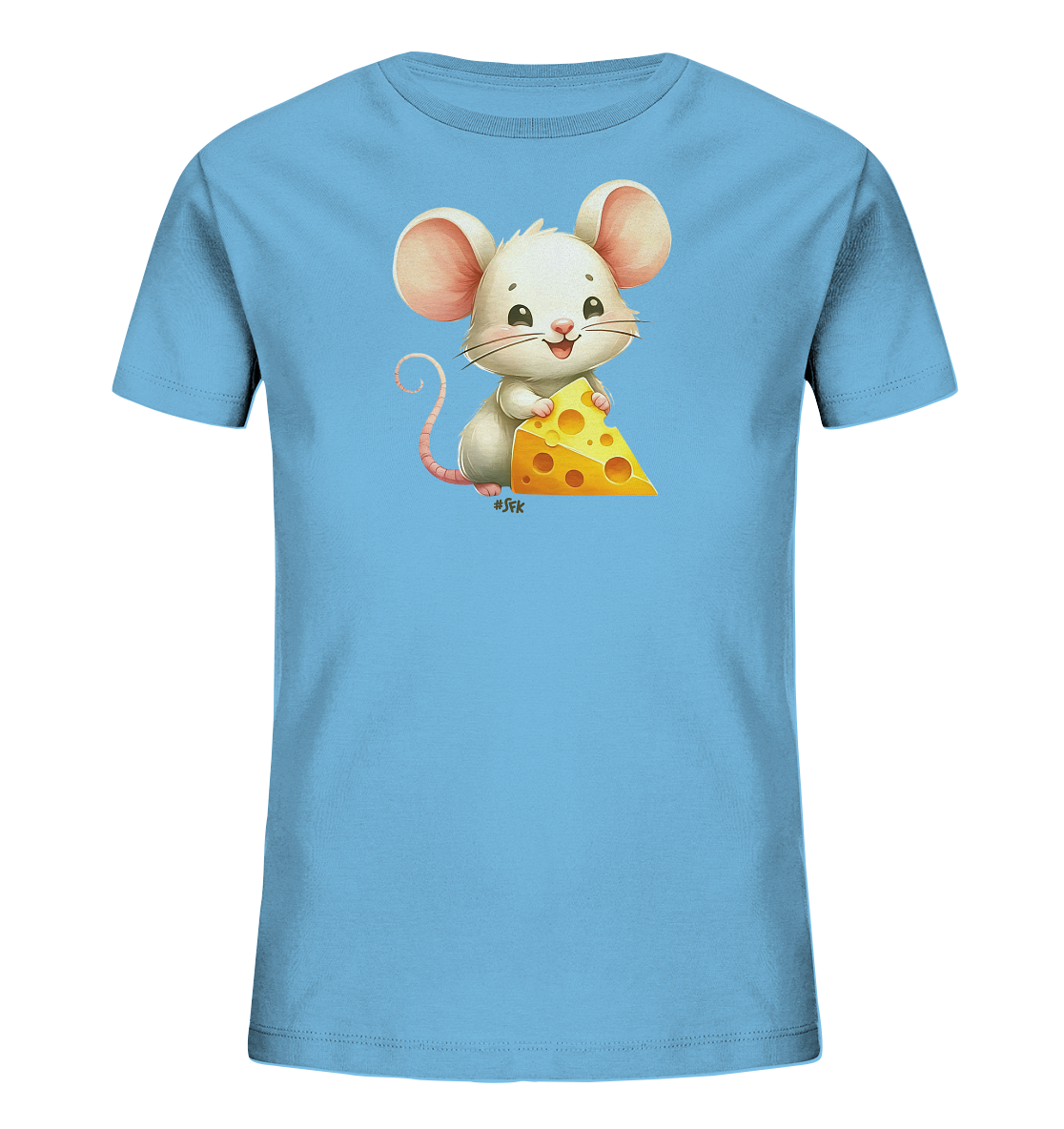 Onlineshop Shirts fuer Kinder - Das Bild zeigt ein hellblaues T-Shirt fuer Kinder. Darauf ist eine suesse, weisse Maus mit grossen Ohren abgebildet, die ein Stueck gelben Kaese haelt. Die Illustration hat einen freundlichen und verspielten Stil, perfekt fuer kleine Maus-Fans.