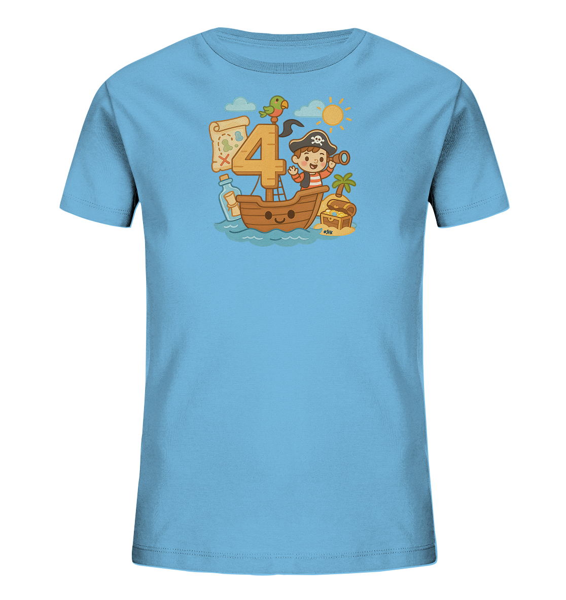 Onlineshop Shirts fuer Kinder - Das Bild zeigt ein hellblaues Kinder-T-Shirt mit einem farbenfrohen Piratenmotiv auf der Vorderseite. Im Zentrum der Illustration steht die grosse Zahl '4', begleitet von einem niedlichen Kind in Piratenkleidung und einem Papagei. Details wie ein Boot, eine Schatzkarte, eine Flaschenpost und eine Schatzinsel mit Palme ergaenzen die Szene.